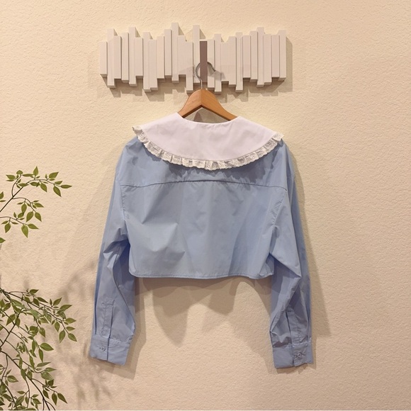J.ING Blue with White Collar Button Down Long Sleeve Crop Shirt Top Size L NWT - Picture 6 of 10